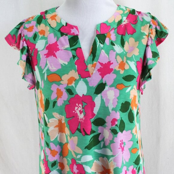 Dear Scarlett Lizzy Flutter Sleeve Top Womens Sz L Multi Color Floral Split Neck - Picture 2 of 7